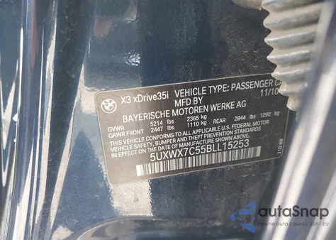 2011 BMW X3 xDrive35I из США, поврежденный, VIN 5UXWX7C55BLL15253